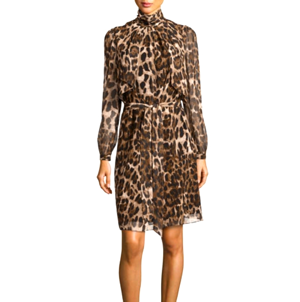 Badgley Mischka Leopard-Print Georgette Dress, Sz 12